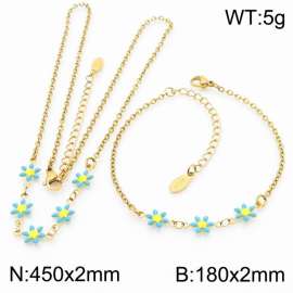 Fashion stainless steel 180×2mm&450×2mm blue double-sided adhesive drop small daisy petal splicing O-shaped chain for women's charm gold set