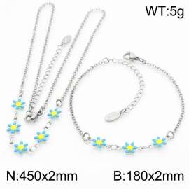Fashion stainless steel 180×2mm&450×2mm blue double-sided adhesive drop small daisy petal splicing O-shaped chain for women's charm silver set
