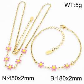 Fashion stainless steel 180×2mm&450×2mm pink double-sided adhesive drop small daisy petal splicing O-shaped chain for women's charm gold set