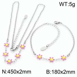 Fashion stainless steel 180×2mm&450×2mm pink double-sided adhesive drop small daisy petal splicing O-shaped chain for women's charm silver set