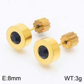 Women Gold-Plated Stainless Steel&Black Zircon Round Earrings with Gear Post