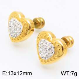 Women Gold-Plated Stainless Steel&Rhinestones Love Heart Earrings with Smooth Round Post