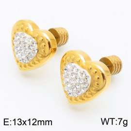 Women Gold-Plated Stainless Steel&Rhinestones Love Heart Earrings with Edged Round Post
