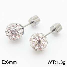 6mm spherical inlaid transparent rhinestone stainless steel fashionable and charming women's silver earrings