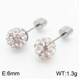 6mm spherical inlaid transparent rhinestone stainless steel fashionable and charming women's silver earrings