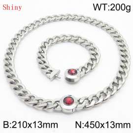 Stainless Steel&Red Zircon Cuban Chain Jewelry Set with 210mm Bracelet&450mm Necklace