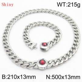 Stainless Steel&Red Zircon Cuban Chain Jewelry Set with 210mm Bracelet&500mm Necklace