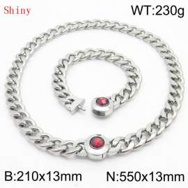 Stainless Steel&Red Zircon Cuban Chain Jewelry Set with 210mm Bracelet&550mm Necklace