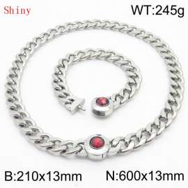 Stainless Steel&Red Zircon Cuban Chain Jewelry Set with 210mm Bracelet&600mm Necklace