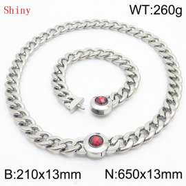 Stainless Steel&Red Zircon Cuban Chain Jewelry Set with 210mm Bracelet&650mm Necklace