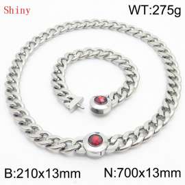 Stainless Steel&Red Zircon Cuban Chain Jewelry Set with 210mm Bracelet&700mm Necklace