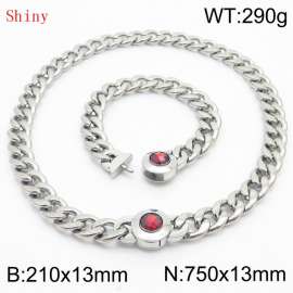 Stainless Steel&Red Zircon Cuban Chain Jewelry Set with 210mm Bracelet&750mm Necklace