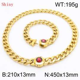 Gold-Plated Stainless Steel&Red Zircon Cuban Chain Jewelry Set with 210mm Bracelet&450mm Necklace
