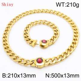Gold-Plated Stainless Steel&Red Zircon Cuban Chain Jewelry Set with 210mm Bracelet&500mm Necklace