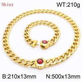 Gold-Plated Stainless Steel&Red Zircon Cuban Chain Jewelry Set with 210mm Bracelet&500mm Necklace