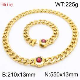 Gold-Plated Stainless Steel&Red Zircon Cuban Chain Jewelry Set with 210mm Bracelet&550mm Necklace