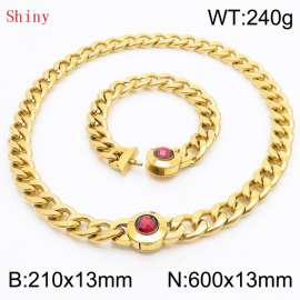 Gold-Plated Stainless Steel&Red Zircon Cuban Chain Jewelry Set with 210mm Bracelet&600mm Necklace