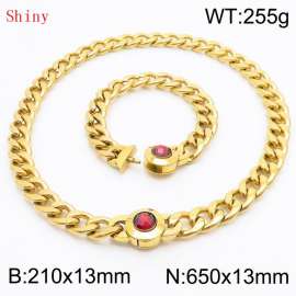 Gold-Plated Stainless Steel&Red Zircon Cuban Chain Jewelry Set with 210mm Bracelet&650mm Necklace
