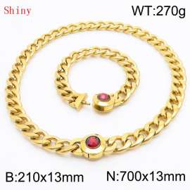 Gold-Plated Stainless Steel&Red Zircon Cuban Chain Jewelry Set with 210mm Bracelet&700mm Necklace