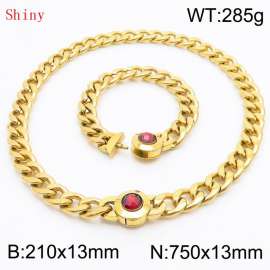 Gold-Plated Stainless Steel&Red Zircon Cuban Chain Jewelry Set with 210mm Bracelet&750mm Necklace