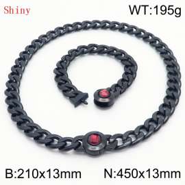 Black-Plated Stainless Steel&Red Zircon Cuban Chain Jewelry Set with 210mm Bracelet&450mm Necklace
