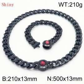 Black-Plated Stainless Steel&Red Zircon Cuban Chain Jewelry Set with 210mm Bracelet&500mm Necklace