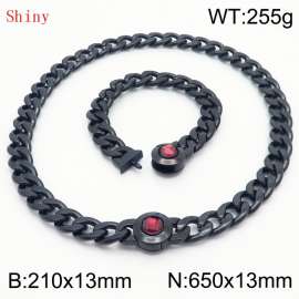 Black-Plated Stainless Steel&Red Zircon Cuban Chain Jewelry Set with 210mm Bracelet&650mm Necklace