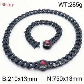 Black-Plated Stainless Steel&Red Zircon Cuban Chain Jewelry Set with 210mm Bracelet&750mm Necklace