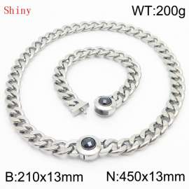 Stainless Steel&Black Zircon Cuban Chain Jewelry Set with 210mm Bracelet&450mm Necklace
