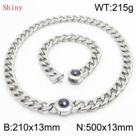 Stainless Steel&Black Zircon Cuban Chain Jewelry Set with 210mm Bracelet&500mm Necklace