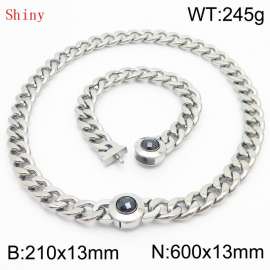 Stainless Steel&Black Zircon Cuban Chain Jewelry Set with 210mm Bracelet&600mm Necklace