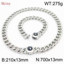 Stainless Steel&Black Zircon Cuban Chain Jewelry Set with 210mm Bracelet&700mm Necklace