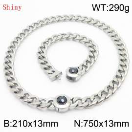 Stainless Steel&Black Zircon Cuban Chain Jewelry Set with 210mm Bracelet&750mm Necklace