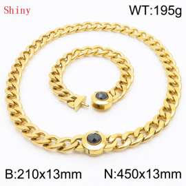 Gold-Plated Stainless Steel&Black Zircon Cuban Chain Jewelry Set with 210mm Bracelet&450mm Necklace