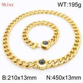 Gold-Plated Stainless Steel&Black Zircon Cuban Chain Jewelry Set with 210mm Bracelet&450mm Necklace