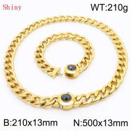 Gold-Plated Stainless Steel&Black Zircon Cuban Chain Jewelry Set with 210mm Bracelet&500mm Necklace