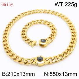 Gold-Plated Stainless Steel&Black Zircon Cuban Chain Jewelry Set with 210mm Bracelet&550mm Necklace