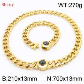 Gold-Plated Stainless Steel&Black Zircon Cuban Chain Jewelry Set with 210mm Bracelet&700mm Necklace