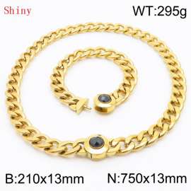 Gold-Plated Stainless Steel&Black Zircon Cuban Chain Jewelry Set with 210mm Bracelet&750mm Necklace