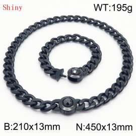 Black-Plated Stainless Steel&Black Zircon Cuban Chain Jewelry Set with 210mm Bracelet&450mm Necklace