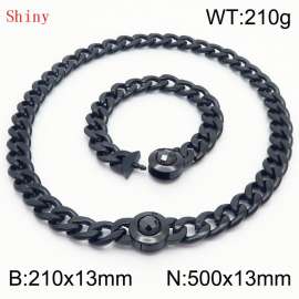 Black-Plated Stainless Steel&Black Zircon Cuban Chain Jewelry Set with 210mm Bracelet&500mm Necklace