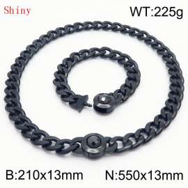 Black-Plated Stainless Steel&Black Zircon Cuban Chain Jewelry Set with 210mm Bracelet&550mm Necklace