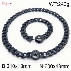 Black-Plated Stainless Steel&Black Zircon Cuban Chain Jewelry Set with 210mm Bracelet&600mm Necklace