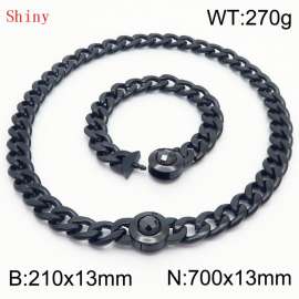 Black-Plated Stainless Steel&Black Zircon Cuban Chain Jewelry Set with 210mm Bracelet&700mm Necklace