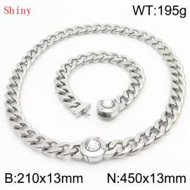 Stainless Steel&Translucent Zircon Cuban Chain Jewelry Set with 210mm Bracelet&450mm Necklace