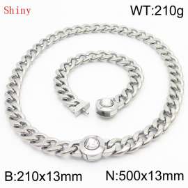 Stainless Steel&Translucent Zircon Cuban Chain Jewelry Set with 210mm Bracelet&500mm Necklace