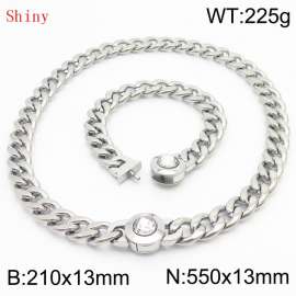 Stainless Steel&Translucent Zircon Cuban Chain Jewelry Set with 210mm Bracelet&550mm Necklace