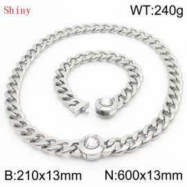 Stainless Steel&Translucent Zircon Cuban Chain Jewelry Set with 210mm Bracelet&600mm Necklace