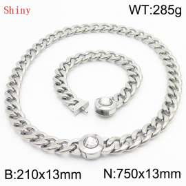 Stainless Steel&Translucent Zircon Cuban Chain Jewelry Set with 210mm Bracelet&750mm Necklace