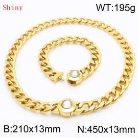 Gold-Plated Stainless Steel&Translucent Zircon Cuban Chain Jewelry Set with 210mm Bracelet&450mm Necklace